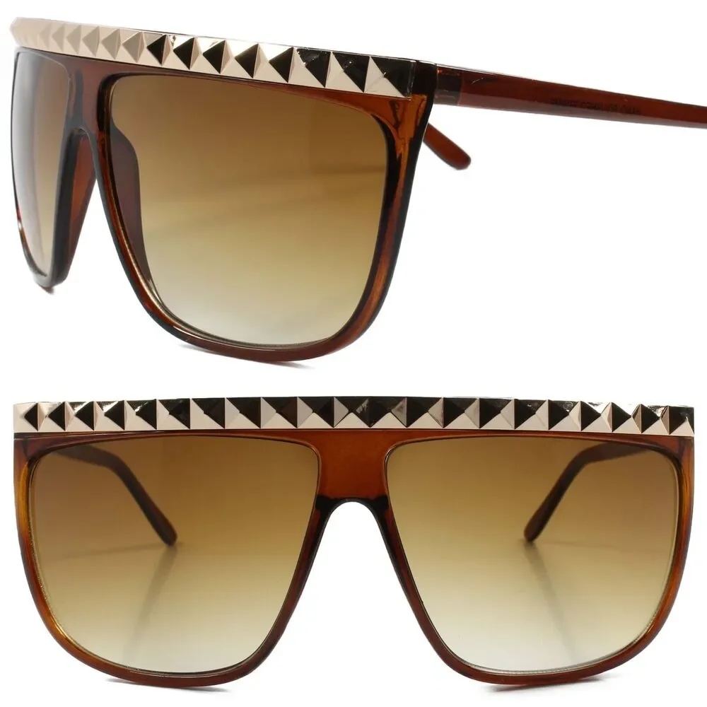Gold Stud Top Rapper Hip Hop Swag Retro 80s Oversized Square Brown Sun Glasses